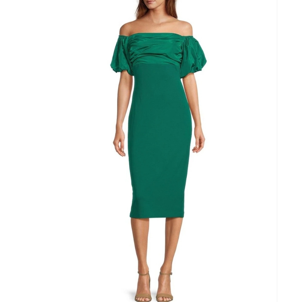 NWT! Badgley Mischka Harlow StretchOff-the-Shoulder Puffed Sleeve Dress